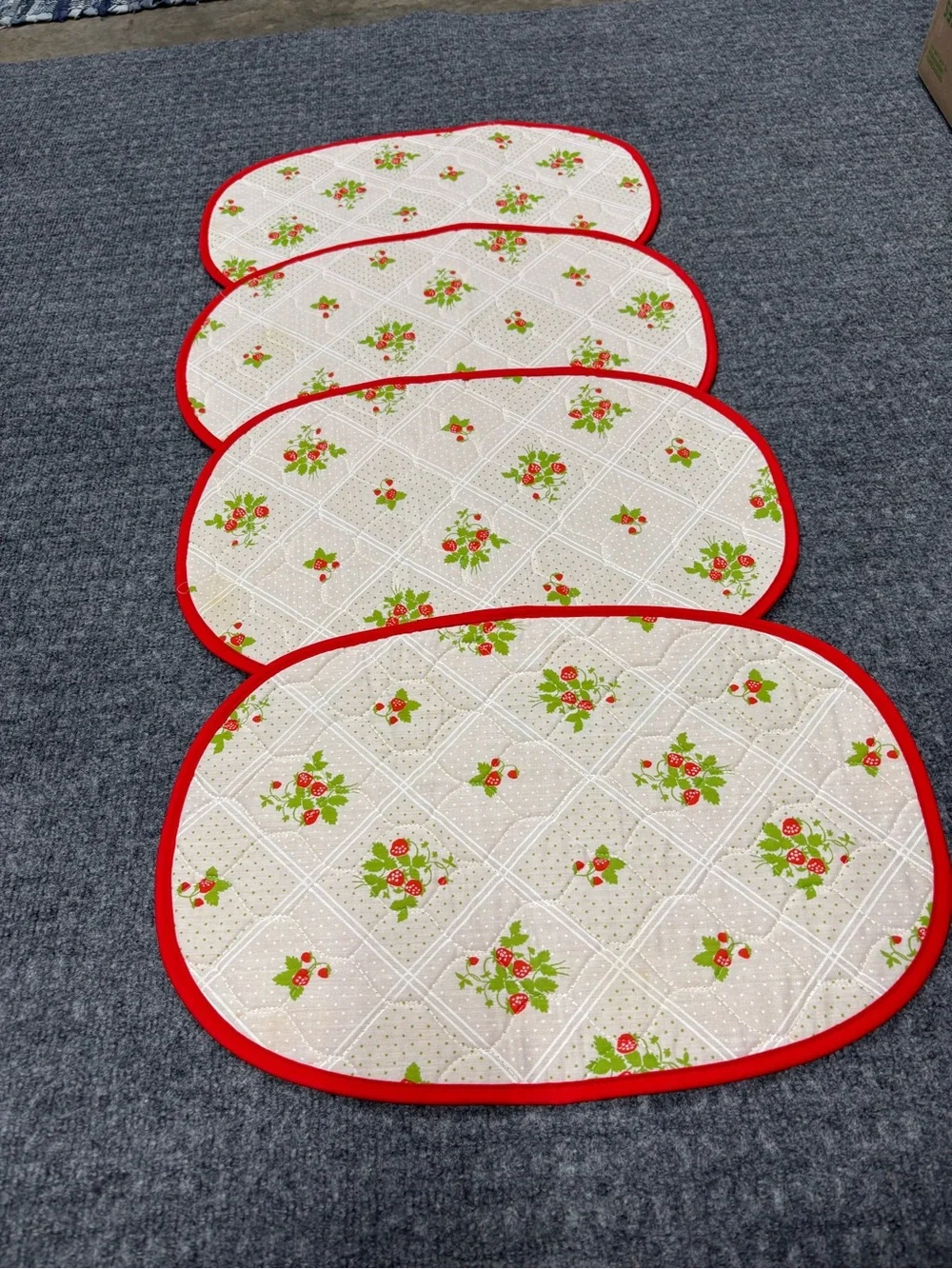 Vintage Quilted Floral Oval Placemats with Strawberries- Set of 4